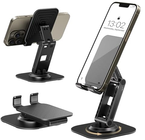 GlasFlength Supporto Telefono Scrivania Pieghevole, Porta Cellulare da Tavolo con Base Girevole a 360 Gradi Supporto per Cellulare per iPhone 15 14 13 12 11 Pro Huawei Galaxy alle Smartphones (Nero)
