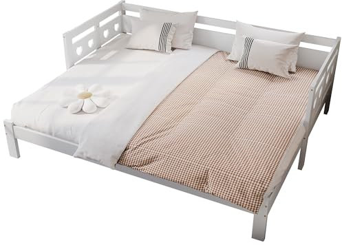 xixiworkshop Daybett Tagesbett,Ausziehbar Bett,90 * 190cm,90 * 200cmKiefer massiv, mit 2. Schlafgelegenheit und Rollrost Herzform Bett, Weiß (90 * 200cm)