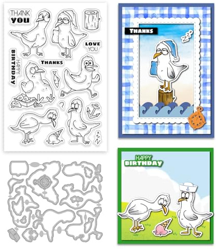 GLOBLELAND Transparenter Stempel Und Stanzformen Set Mit Möwenmotiv Zur Kartengestaltung Cartoon Tier Silikon Transparentstempel Metallanker Stanzungen für Heimwerker Scrapbooking Fotoalbum Dekoration