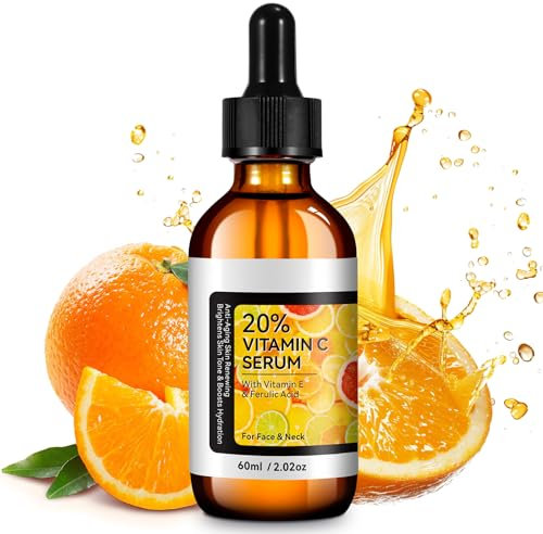 Vitamina C siero viso 60 ml – 20% vitamina C siero ad alto dosaggio con vitamina E e acido ialuronico | anti-invecchiamento e rinnovamento della pelle | siero sbiancante e idratante vitamina C per il