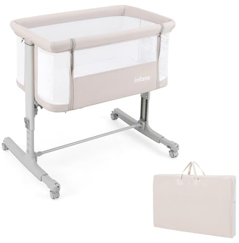RELAX4LIFE 3 en 1 Cuna Colecho con Altura Ajustable en 5 Posiciones, 4 Ruedas Bloqueable y Ajustable, Cuna Bebe con Colchón Acolchado y Correa de Sujeción para Niños 0-6 Meses, Carga 9kg (Beige)