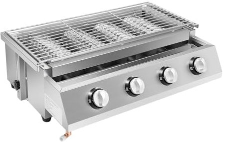 4 bruciatori per barbecue, a gas, in acciaio inox, regolabile in altezza, con griglia rimovibile, 4 fiamme e 4 interruttori di controllo, 55,8 x 23,2 cm, per campeggio, balcone, giardino