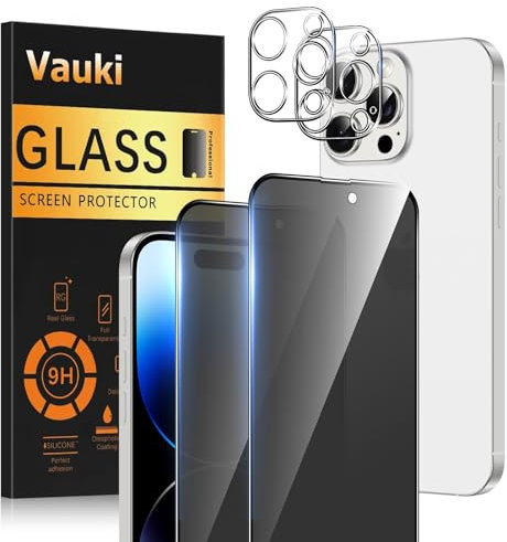 Vauki Opaca Pellicola Privacy per iPhone 14 Pro con Protezione Fotocamera,Anti Spy Vetro Temperato Opaco Durezza 9H HD Anti-riflesso Anti-impronta Anti-Spia Vetrino Protettiva Schermo,2 + 2 Pezzi