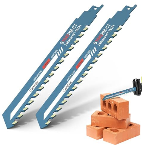 2Pcs Reciprocating Saw Blades, Concrete Reciprocating Saw Blade, Durable Saw Blade for Concrete, Masonry, and Brick Cutting, Heavy Duty Carbide Steel Alloy Blade with Universal Shank, 10in 15TPI