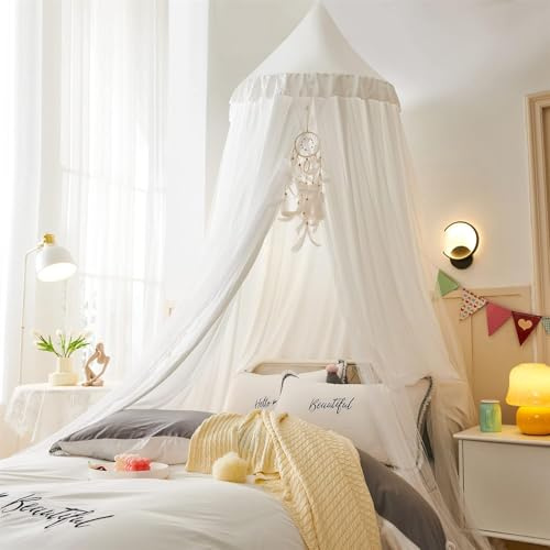 Ricemru Doppellagig Baldachin Babybett Mädchen Groß Hell Weiß Baumwolle Betthimmel Kinderbett Rund Hängendes Kuppel Moskitonnetz Bett Deko for Kinder Baby