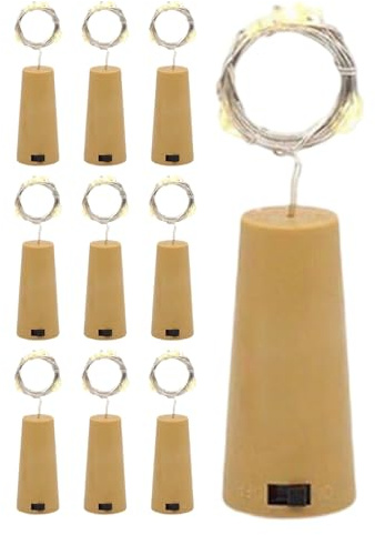 Wine Bottle Lights Cork - Warm White LED Fairy String Liights, 10 Pack 2M Bottle Stopper | Portable Multi-Speed Cork Topper for Glass Decor, Christmas, Wedding, Events, Home Accessories