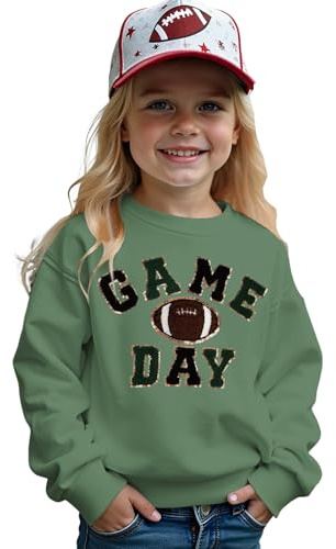 BOUTIKOME Kid Football Sweatshirt Girls Glitter Chenille Patch Game Day Pullover Rugby Long Sleeve Shirts Fall Tops(Green,9-10Y)