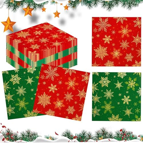 40 Stück Servietten Weihnachten, Weihnachtsservietten mit Motiv, festliche Servietten für Weihnachtsfeiern, 16.5 x 16.5 cm, Weihnachtsservietten mit Schneeflocken-Motiv