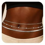 AOSWUD Cadena de Cintura para Mujer Chapada en Oro de 18 Quilates, Cadena Ajustable para el Vientre con Diseño Cubano,Perlas y Cruz Joya Corporal de Verano (Eslabón de tres capas plateado)
