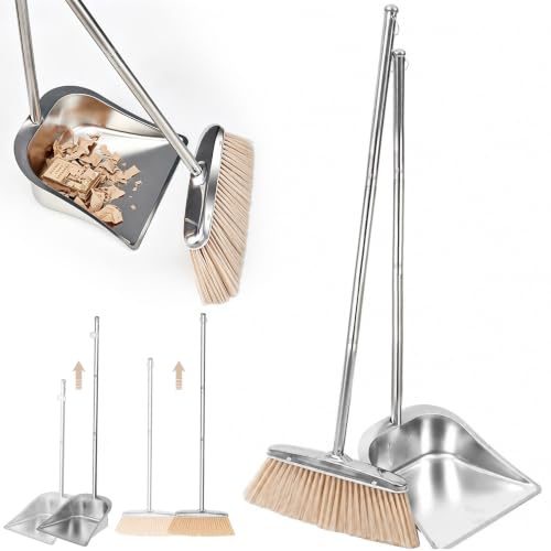 DASIAUTOEM Kvast och sopskyffel-set, sopskyffel och borste-set med långt handtag, rätt sopset med långt skaft 118 cm, sopmaskin och sopskyffel-kombination för kontor, kök, korridor, golv, trädgård