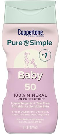 Coppertone Pure and Simple Baby Sunscreen Lotion SPF 50, Zinc Oxide Mineral Sunscreen for Babies, Hypoallergenic and Tear Free, 6 Fl Oz Bottle