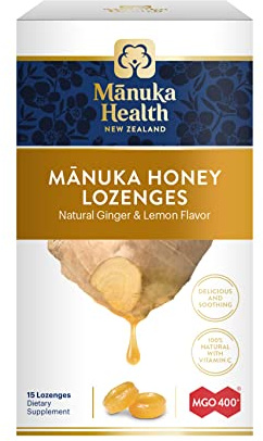 Manuka Health Manuka Honey Lozenges – 15 Lemon and Ginger Flavored Lozenges – Natural Throat Lozenges Infused with Raw Manuka Honey and Vitamin C for Immune Support