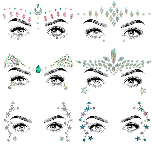 SHINEYES 6 Pcs Gesicht Körper Augen Temporäre Tattoos Gesicht Juwelen Aufkleber Glitter, Hergestellt aus Edelsteinen Rhinstone Kristalle für Rave Karneval Maskerade Musik Geburtstagsfeier Festival