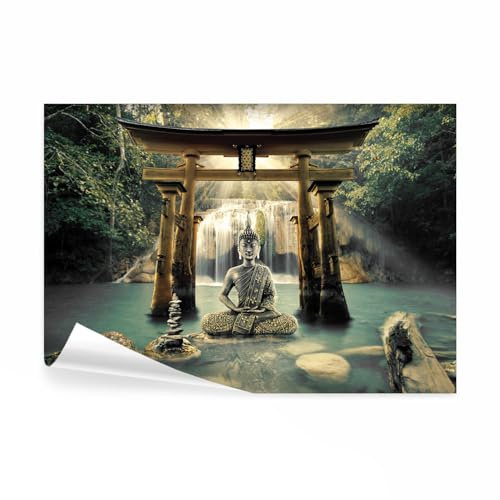 decomonkey Papier Peint Intissé Bouddha 300x210 cm Décoration murale | Tapisserie décorative pour chambre salon, Bouddha bouddhisme arbres nature orienter eau cascade zen, moderne