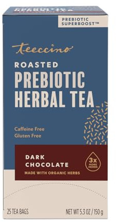 Teeccino Té de Hierbas Chocolate Oscuro - Prebiotic SuperBoost™ - Apoya tus probióticos con prebióticos para una buena salud intestinal y regularidad, Té de chocolate digestivo, 25 bolsas de té.