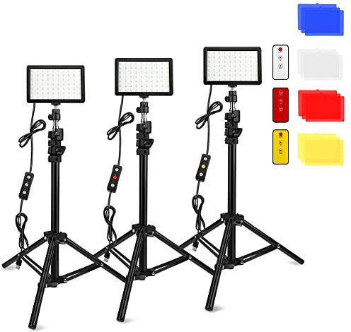 Obeamiu 3 Paquetes LED vídeo con Soporte Ajustable trípode, Color filtros, 5600K USB iluminación Estudio para Tableta/Disparo ángulo bajo, Youtube