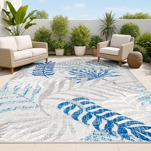 JONATHAN Y Tropics Palm Leaves Indoor Outdoor Area Rug 9X12 Gray/Blue, Boho for Backyard, Patio, Porch, Easy-Cleaning, High Traffic, Pet-Friendly, Non-Shedding (AMC100A-9)