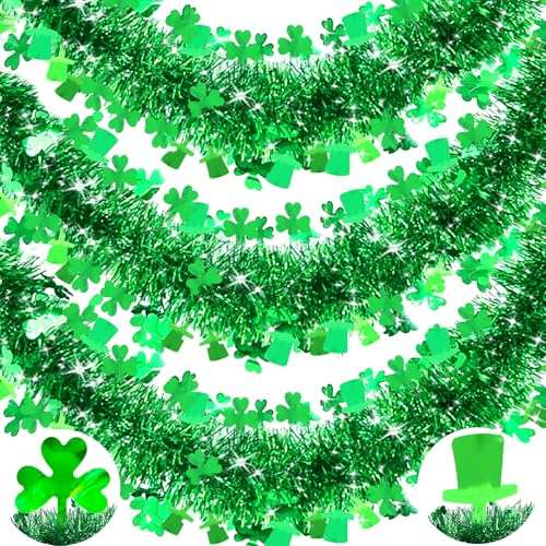 TURNMEON 3 Pack Total 49.2 Ft St.Patrick's Day Tinsel Garlands Decorations DIY Shamrocks Wreath for Front Door Irish Leprechaun Hat St.Patrick's Day Decorations Outdoor Indoor Home,16.4Ft by 4.3 Each
