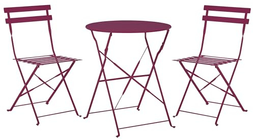 Beliani Salon de Jardin Bistrot Table et 2 Chaises en Acier Rouge Bordeaux Pliable Fiori