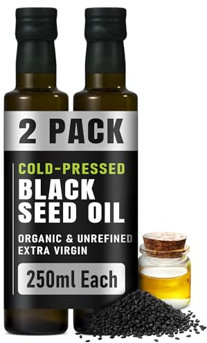 RAWYA Organic Cold-Pressed Black Seed Oil 250ml, Turkish Black Cumin (Kalonji, Nigella Sativa), Unrefined, Rich in Omega-3, 6, 9, Strong Taste for Hair, Skin, Face and Overall Wellness, Pack of 2