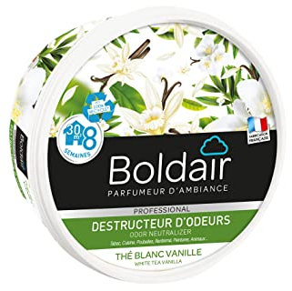 BOLDAIR - Gel destructeur d'odeur Thé Blanc Vanille - Neutralise les odeurs - parfume - Produit gel solide - Multi application - durée 8 semaines - 300g - Fabrication française