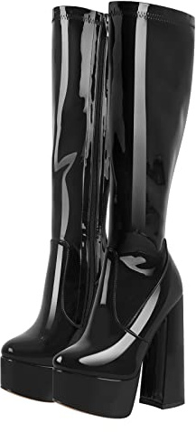 Only maker Damen Stretch Stiefel Plateau Blockabsatz Boots Reißverschluss
