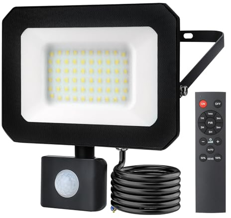 HLFVLITE 50W Faretto A Led Con Sensore Di Movimento Esterno, Dimmerabile Led Flood Light 5000Lm Proiettore Con Telecomando Ir Ip65 Lampada Da Parete Esterna Bianco Freddo 6500k