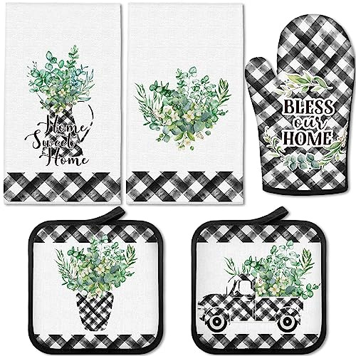 5 Pcs Buffalo Plaid Oven Mitts Pot Holders Dish Towels Set Including 2 Pcs Farmhouse Kitchen Towels 2 Pcs Potholders 1 Pcs Microwave Gloves for Kitchen Cooking (Eucalyptus)