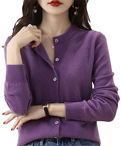 Women's Cashmere Cardigan Round Neck Sweater Spring Autumn Winter Long Sleeve Knitted Solid Color Soft Cardigan Sweater Lilac Purple S
