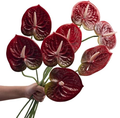 Juego de 8 flores artificiales de anturio realistas para centro de mesa, decoración de festivales de boda, arreglo floral (rojo oscuro)
