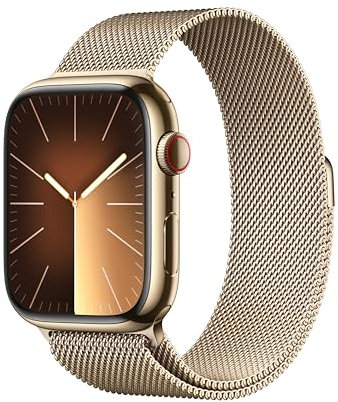 Apple Watch Series 9 (45 mm GPS + Cellular) Smartwatch avec boîtier en Acier Inoxydable et Bracelet Milanais Or. Suivi de l’activité Physique, apps Oxygène sanguin et ECG, résistance à l’Eau
