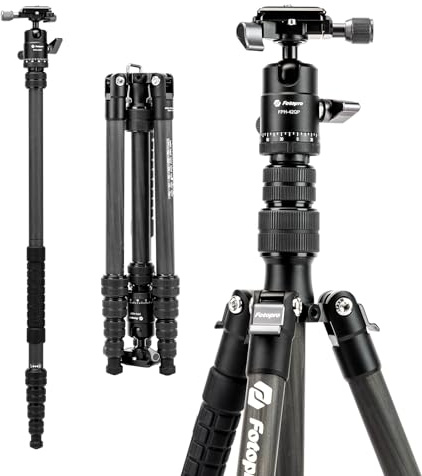 Fotopro 152CM Trépied de Voyage en Fibre de Carbone, Trépied Compact pour Appareil Photo avec Rotule, Monopode Détachable avec Plaque de Dégagement Rapide et Sac, Charge maximale 8KG