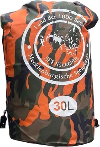 Dry Bag Trockensack Seesack 100% wasserdicht Packsack Tasche Beutel Wasssersport Kanu Kajak SUP Tauchen Schwimmen Baden Strand Angeln Campen wasserfest Schultergurt Drybag Orange Camouflage (30 Liter)