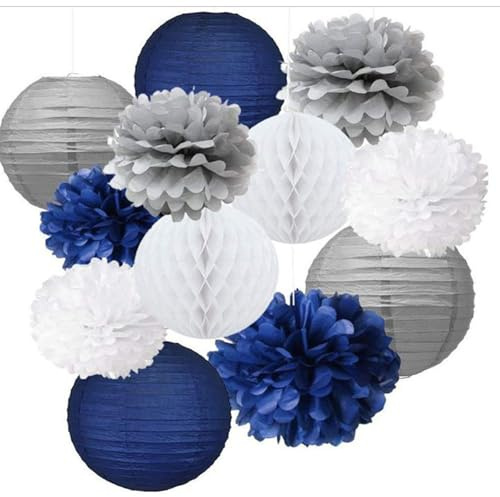 Surwin 15 pcs Bunte Papierlaterne Set, Hochzeitsdeko Party Deko Lampions, Rund Papierlampe Hängend Papierlaternen für Geburtstag, Babyparty, Brautdusche, Abschlussfeier (Grau/Weiß/Blau)