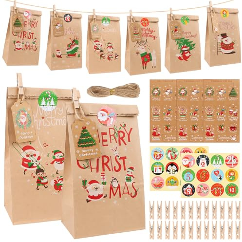 2024 Adventskalender zum Befüllen,Adventskalender zum Befüllen Kinder und Erwachsene,24 DIY Adventskalender Selber Befüllen,Adventskalender Tüten zum Befüllen mit Aufkleber und Holzklemme