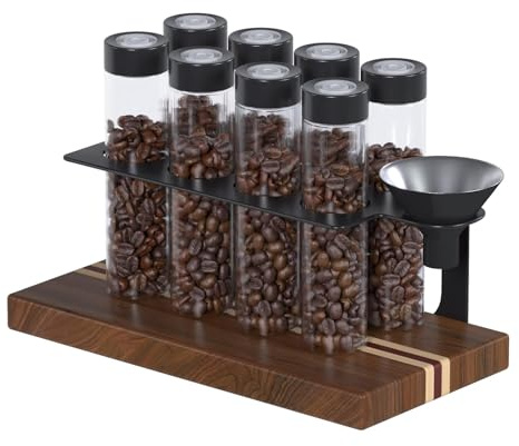 Kaffeebohnen Behälter 8 Tuben Walnuss Ständer Trichter Einzeldosis Schwarz | Espressobohnen Aufbewahrung Kaffeedose Set Portionierer Glas Röhrchen Holz Halter Dose Frischhalteventil Barista Geschenk