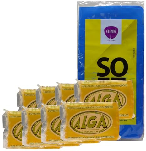Sapone Ecologico: Naturale all'Olio di Cocco, Delicato sulla Pelle, Adatto per Lavatrice e a Mano, Ottima Azione Detergente, Biodegradabile - 400g (8 Saponi+1Panno Lattice)
