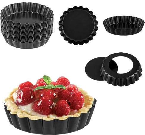 SOUJAP 20 latas antiadherentes de 4 pulgadas, mini latas de flan de 10 cm con base suelta, molde negro para tartas, plato individual para hornear