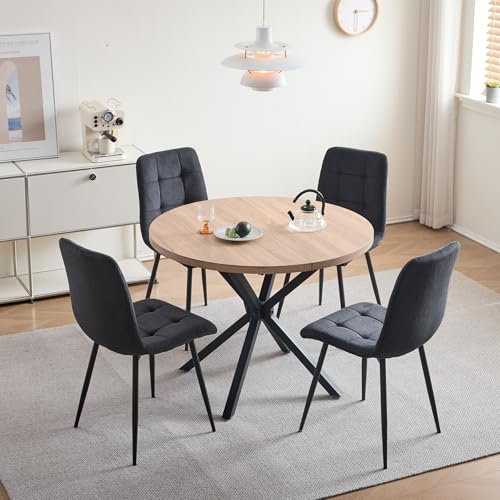 DEYARNA HOME Essgruppe 5-Teilig, 100cm Runder Esstisch und 4 Esszimmerstühle (Cord), Tisch und 4 Stühle für Küche, Wohnzimmer, Balkon, Restaurant, Büro (Helle Holzfarbe+Schwarz (Cord))