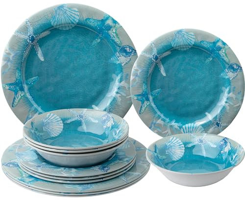 ZAROCRUS 12 PCS Melamine Dinnerware set, Unbreakable Coastal Plates and Bowls Set, Lightweight Chip Resistant Oceanic Dishes Set, Service for 4, Great for Camper, RV, Indoors Outdoors Use