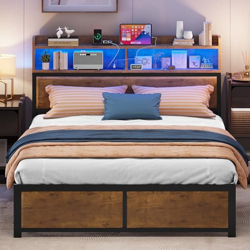 YITAHOME Bettgestell LED mit Kopfteil USB-Anschlüsse und Ladeausgänge Metallplattform-Bettgestell mit 2 Regalböden,Keine Matratze erforderlich,Braun 219X154CM