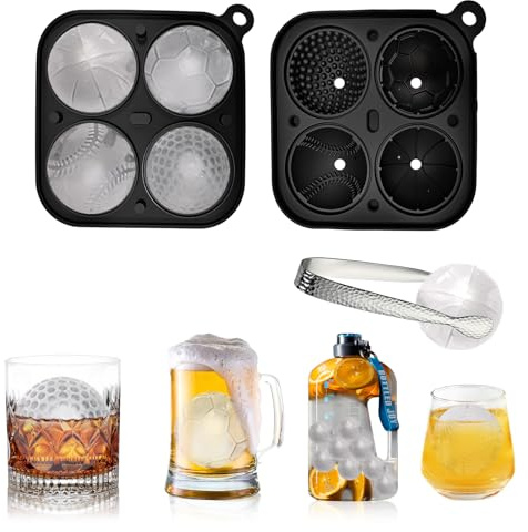 Big Ice Cube Bowl, SilverChry Ball isbitsformar, 3D-isbitsbehållare med trattlock, silikon isbollsform för is, whisky, cocktail, juice, glass, ljus (1, grå, 4 kula)