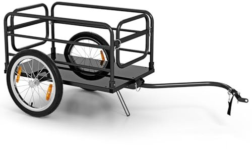 GOPLUS Fahrradanhänger, Transportwagen mit klappbarem Metallrahmen, Schutzhülle, vielseitige Anhängerkupplung, 40 cm aufblasbare Räder, Reflektoren, für Camping, Umzug, 145,5 x 64 x 59,5cm