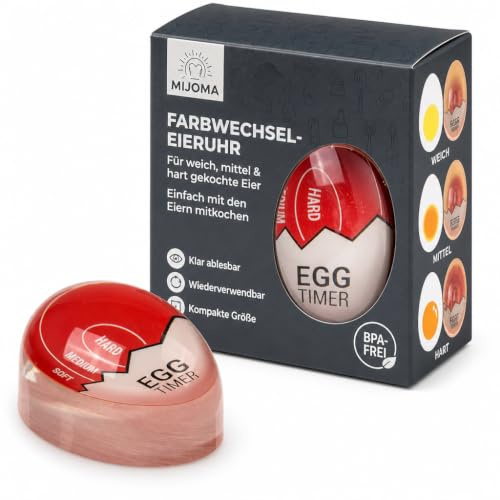 MIJOMA Farbwechsel-Eieruhr Egg Timer – Perfekte Frühstückseier – Mitkochbar, hitzegesteuert – BPA-frei, lebensmittelecht – Anzeige für weich, mittel, hart – 6 x 4 cm