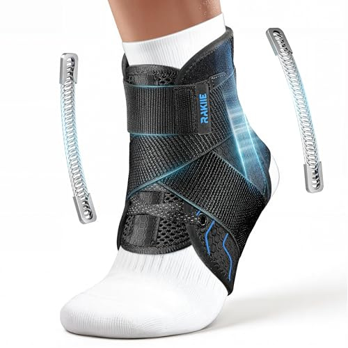 Rakiie Quick Lace Up Ankle Support with 2 Metal Support Stays, Breathable Ankle Stabilizer, Slim Fit Ankle Brace for Men Women, for Sprained Ankle, Sports, Black M