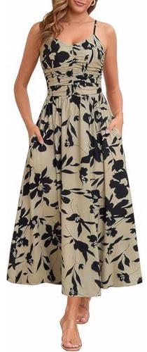 XFSRG Vestito Donna Floreale Estivo Senza Manica Spaghetti Boho Lungo Elegante Abiti con Tasche per Casual Cocktail Party(Khaki/XL)