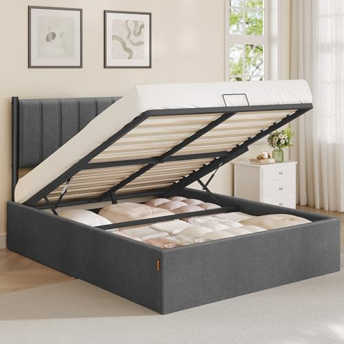 VASAGLE Double Bed Frame, 135 x 190 cm, Ottoman Bed with Lift-Up Storage, Hydraulic Lift, Modern Minimalist, Easy Assembly, Slate Grey RMB616GN01
