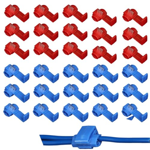 YUVKIN Set di 30 Connettori Derivatori, Collegamenti Rapidi per Cavi, Morsetti Elettrici, Connettori a Scatto, Giunzioni per Cavi, Connettori Isolati (Rosso, Blu)