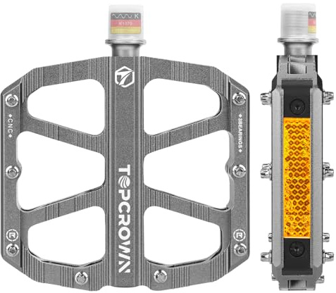 Topcrown Mountain Bike Pedals with Reflectors, Aluminum Metal Bicycle Flat Pedals 9/16 - 3 Sealed Bearings, Non-Slip Wide Platform with Removable Pins for MTB, Road Bike, BMX, Ebike (Sliver)