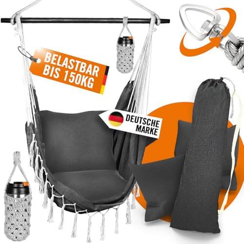 ATHELON® Hängesessel Indoor & Outdoor [bis 150 kg belastbar] - Bequeme Hängeschaukel mit 360°-Aufhängung, Kissen, Getränkehalter & Co. - Hängesitz für Kinder und Erwachsene